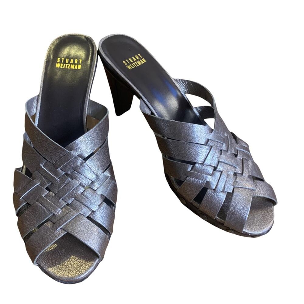 Stuart Weitzman Metallic Basket Weave Studded Mule Slide On Heel Sandal 7.5/8